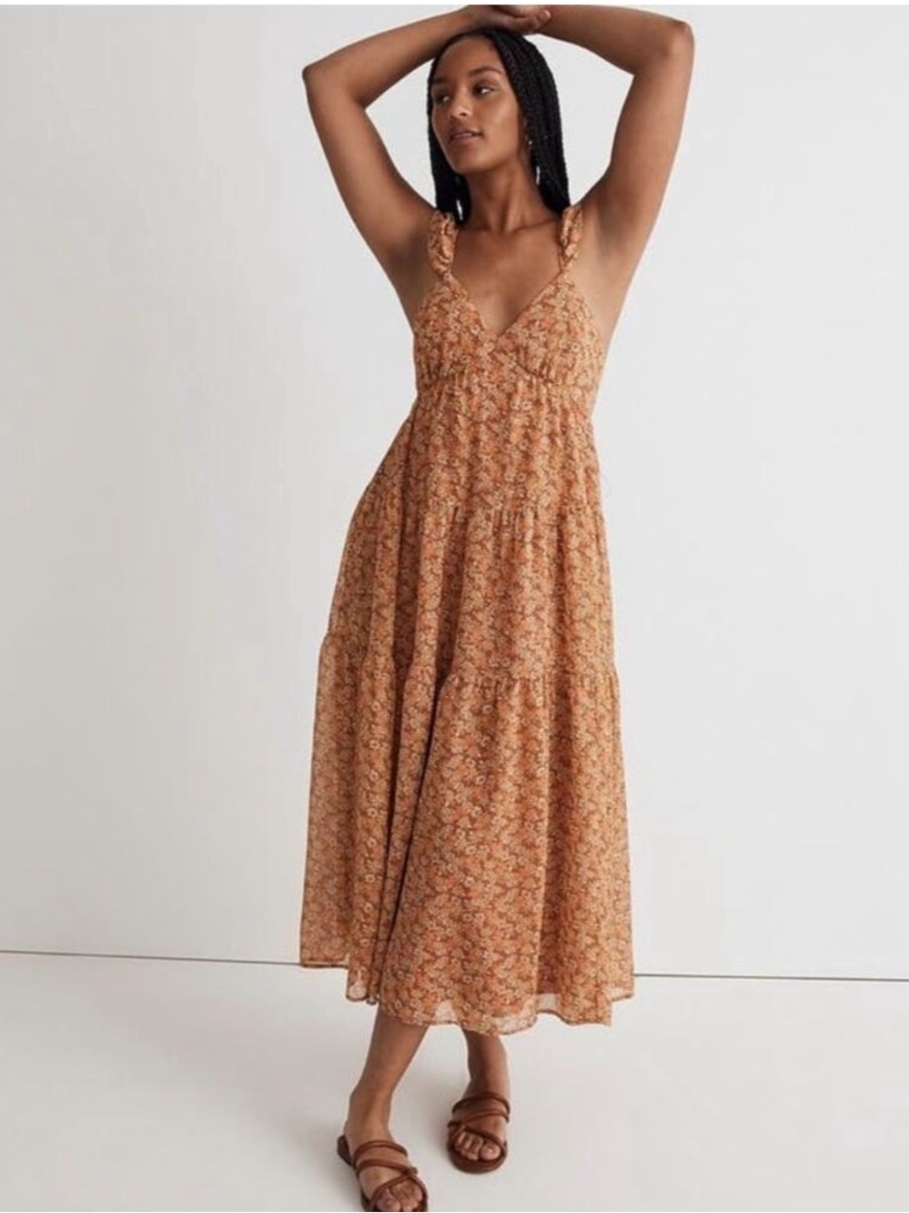 MADEWELL Pocketed Floral Georgette Ruffle Sleeve Tiered Flowy Midi Dress  12
